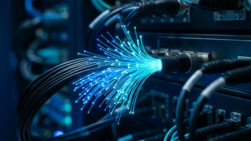 Fibra óptica conectada em equipamento de telecomunicações